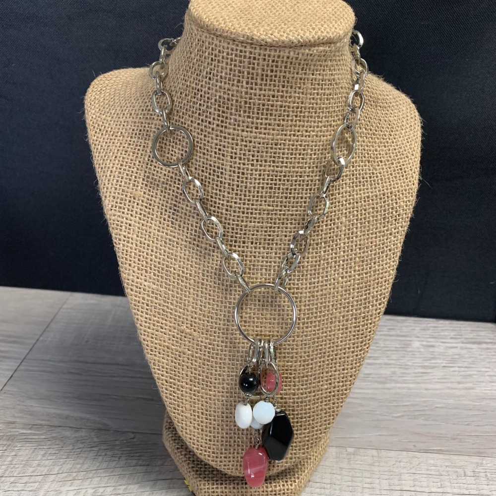 Elisa Lyons Silver Tone Chunky Chain Multi Charm Bead Statement Necklace 16in